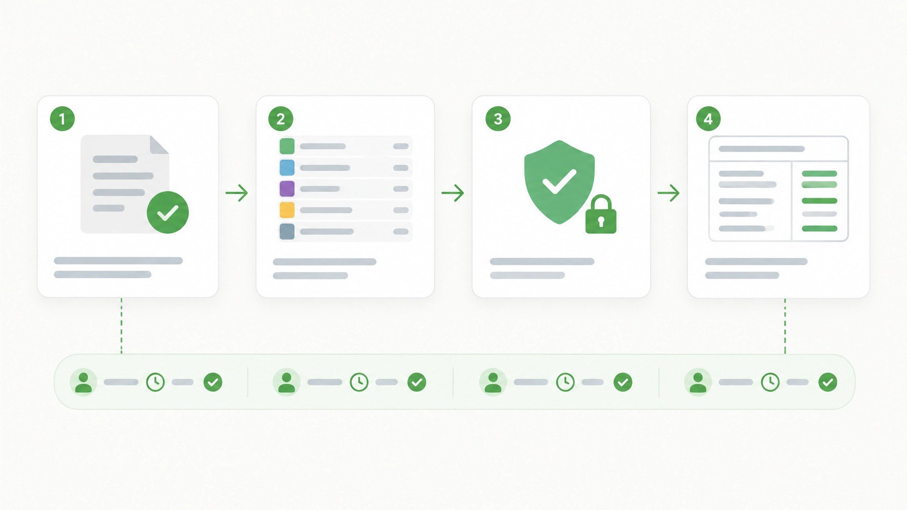 Four numbered steps from a completed payment record to accounting code assignment, a secured and locked export batch, and a reviewable report, with a user-and-timestamp audit record spanning all four