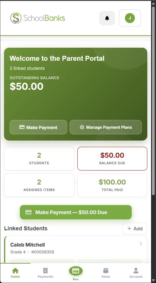 SchoolBanks parent portal on a mobile phone showing linked students, balance due, and a make payment button