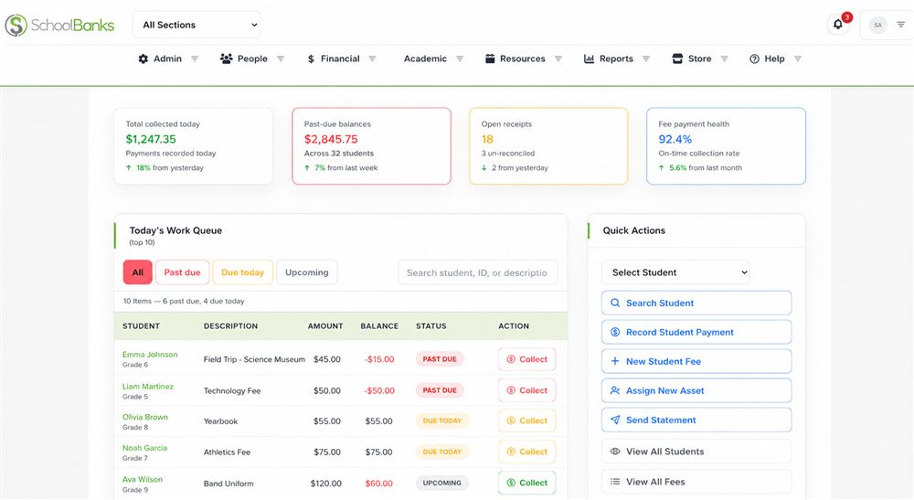 SchoolBanks admin dashboard showing fee totals, outstanding balances, and recent payments