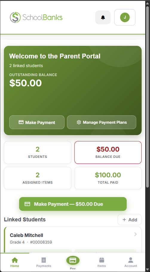 SchoolBanks parent portal mobile view showing student balance, Pay Now button, and payment history
